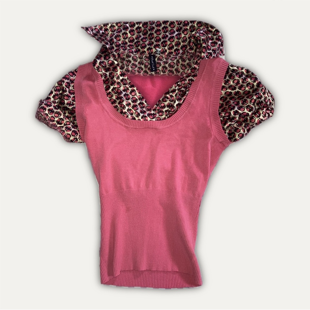 (SOLD ON DEPOP) Pink Knit Top with Leopard Print Accents
